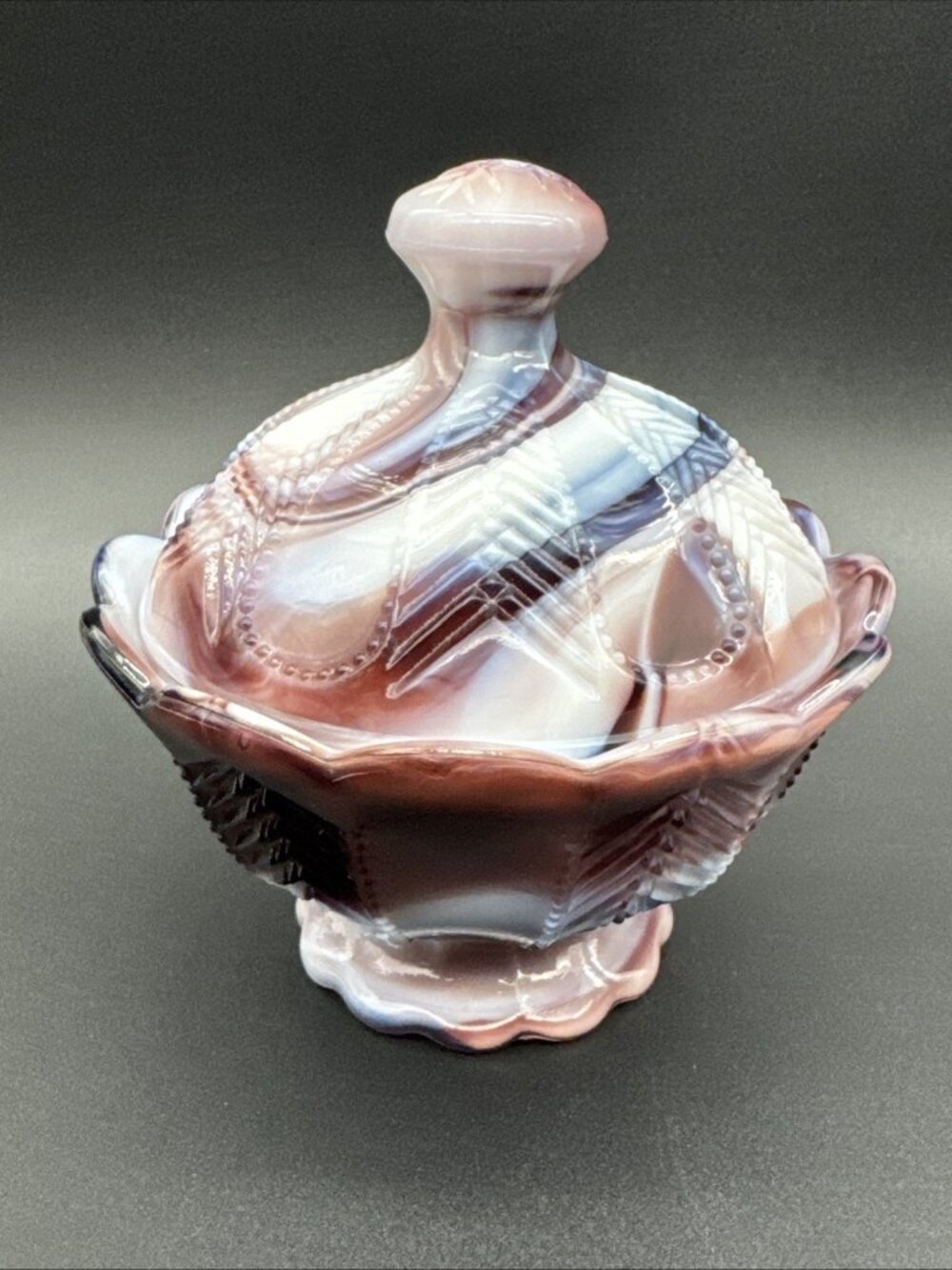 Vintage Imperial Slag Glass Purple Amethyst Candy Dish Lid Sugar Bowl Sticker